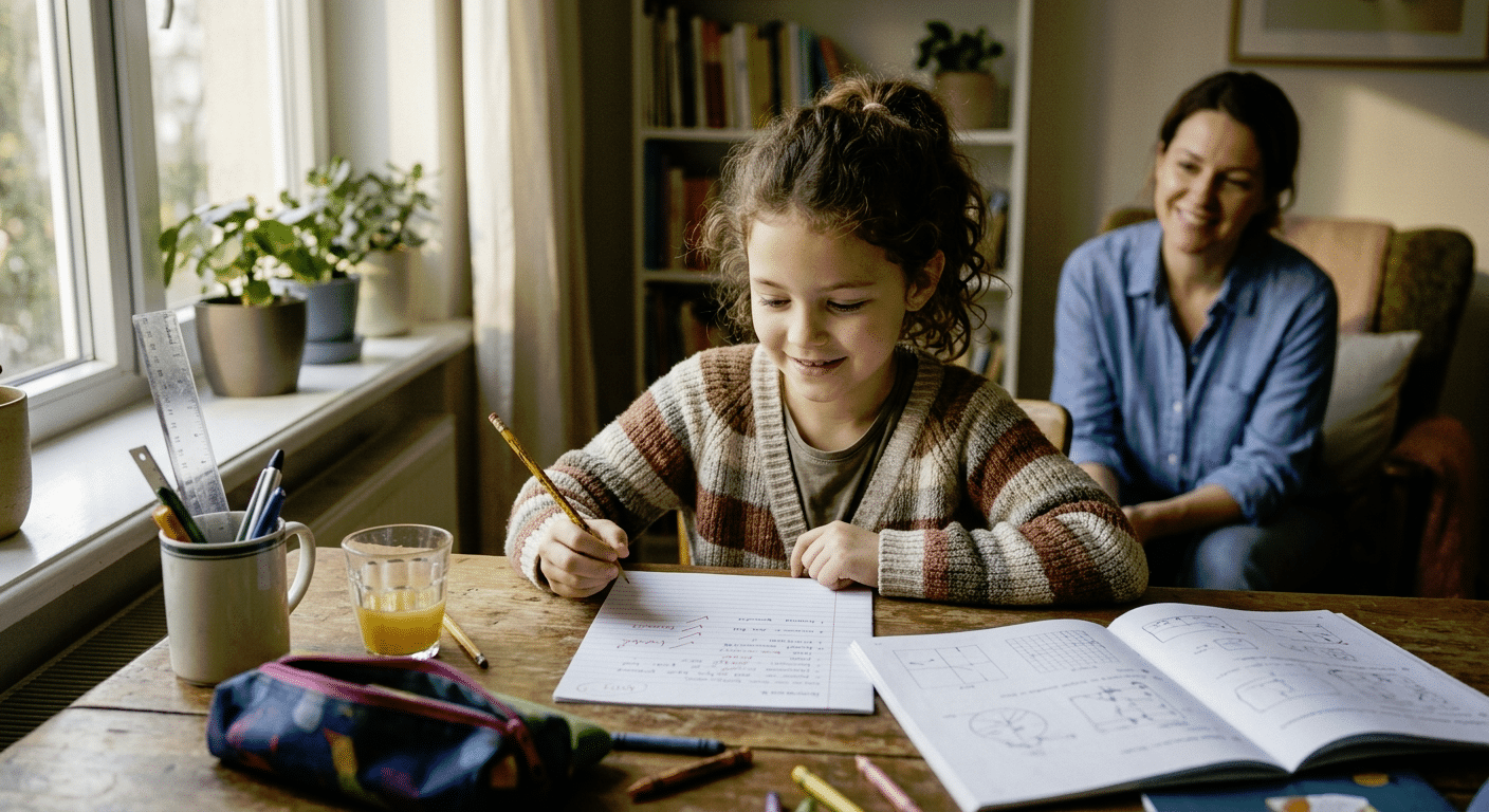 Smiling girl doing homework at a wooden table while her mom watches from an armchair