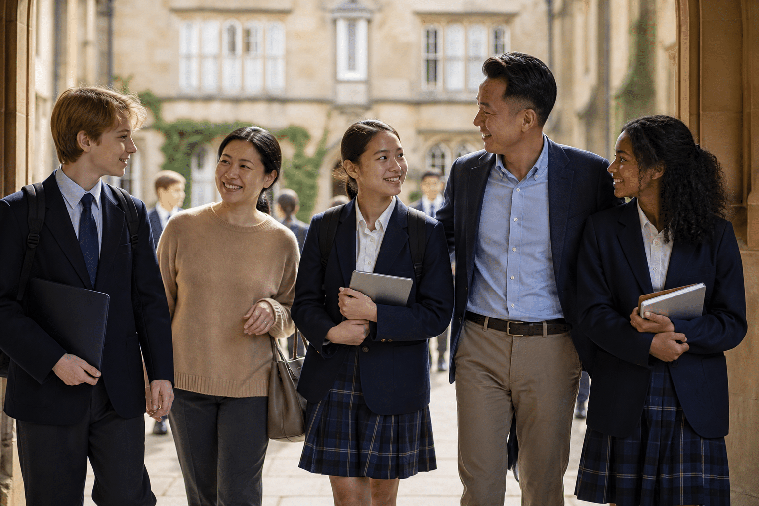 Parents walking and talking with uniformed students through a stone archway at an international school