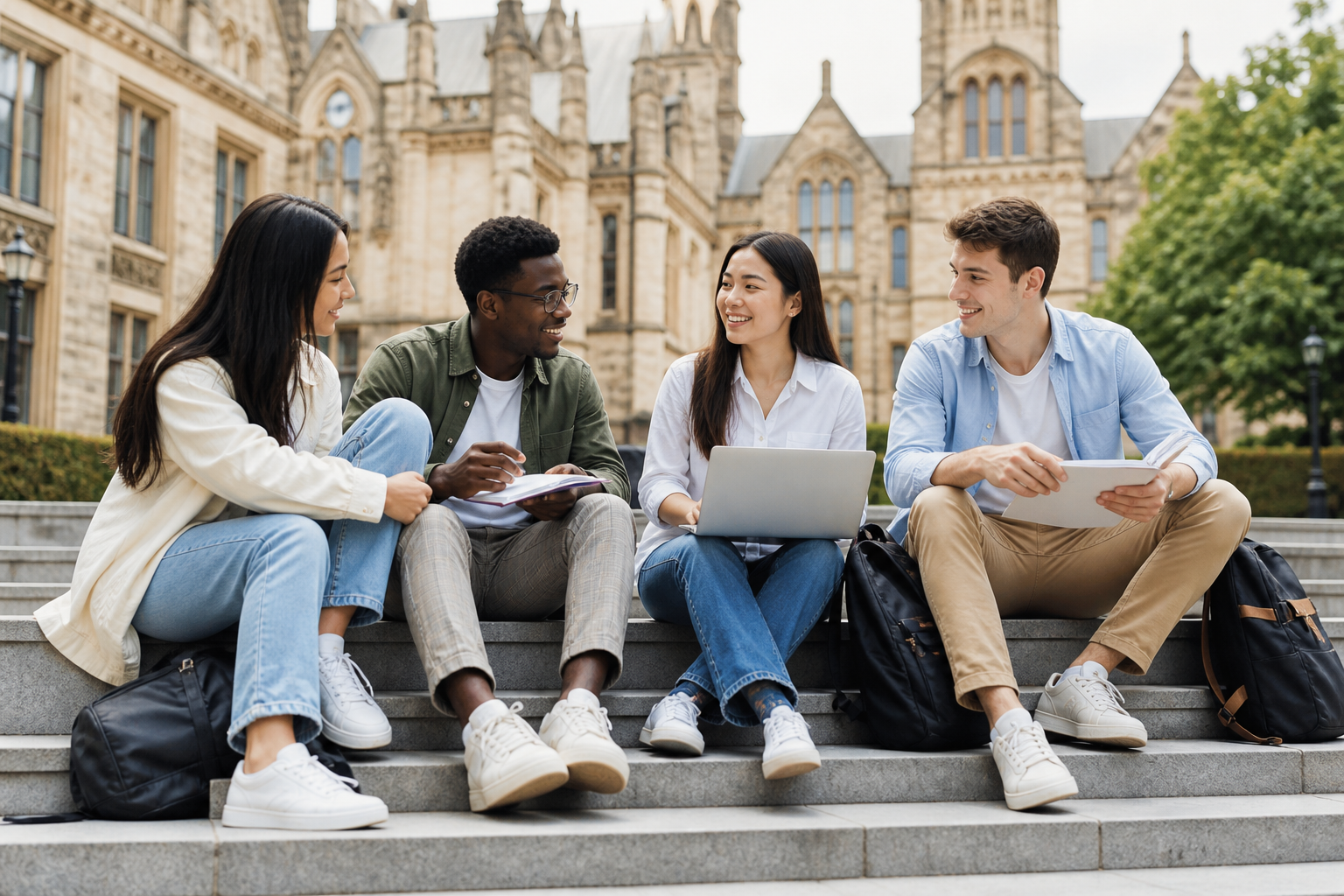 Four smiling students with laptops and notebooks sitting on the steps of a historic stone school building
