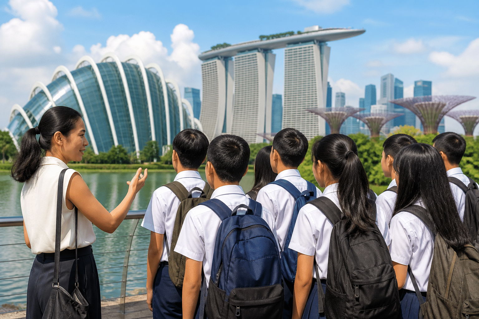 Teacher guiding a group of uniformed students past Gardens by the Bay and Marina Bay Sands in Singapore