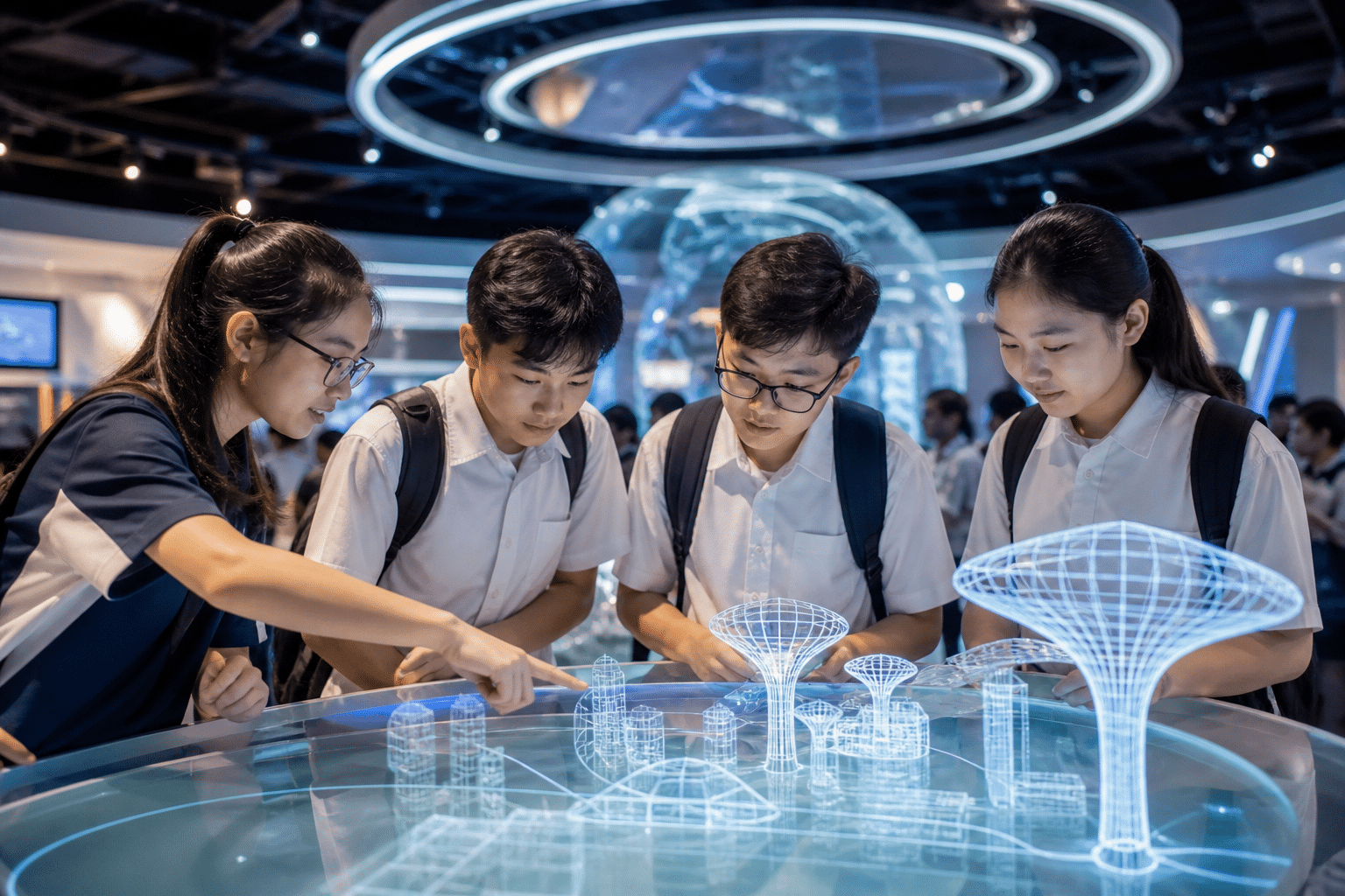 Students studying a glowing holographic model of Singapore's Supertrees at a science centre exhibit
