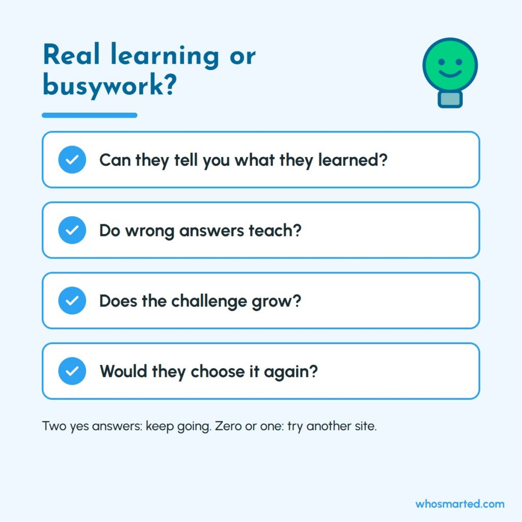 Checklist of four questions to tell a real learning website from busywork