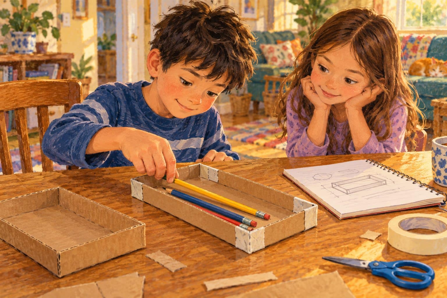 A child tests a cardboard pencil tray while another child observes.