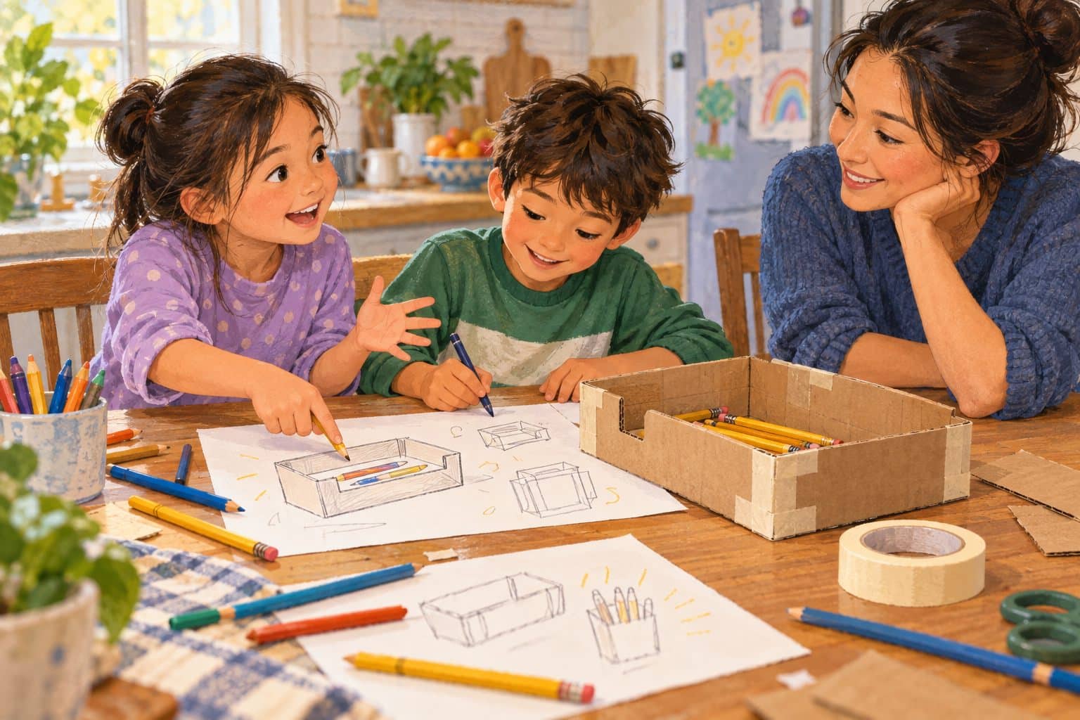 Children sketch a cardboard pencil tray with a parent at the kitchen table.